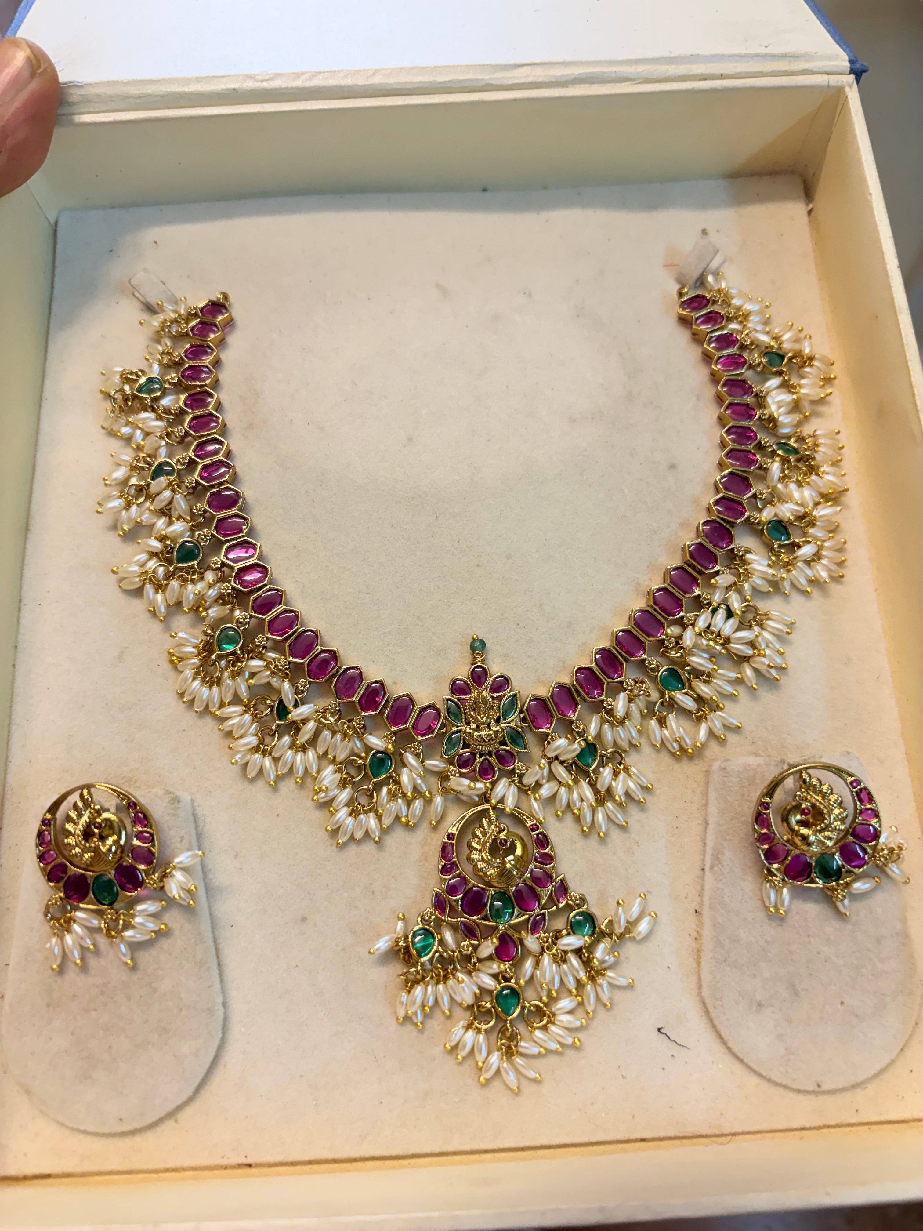 Real kemp stones jadau rice pearl necklace set premium quality