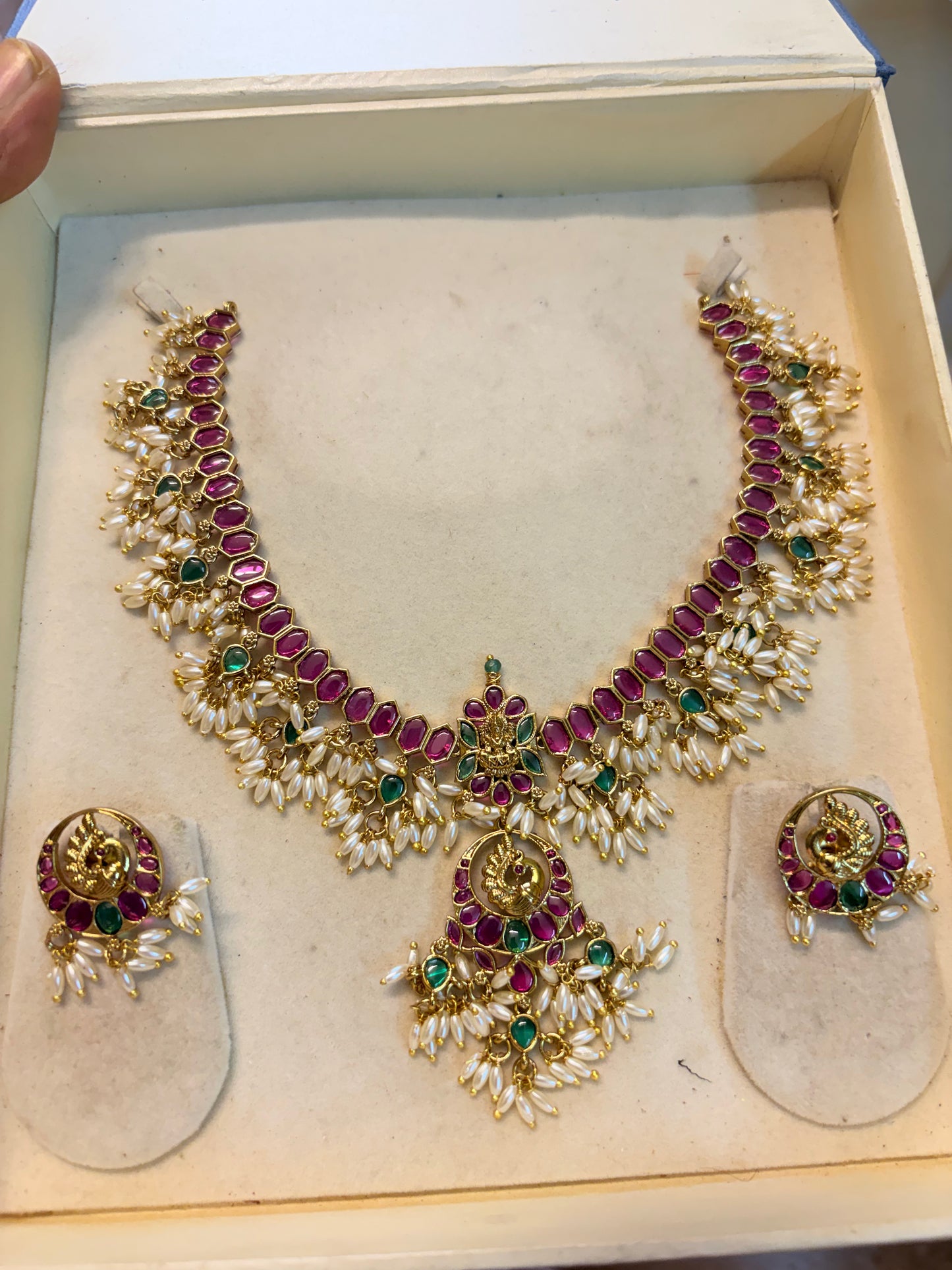 Real kemp stones jadau rice pearl necklace set premium quality