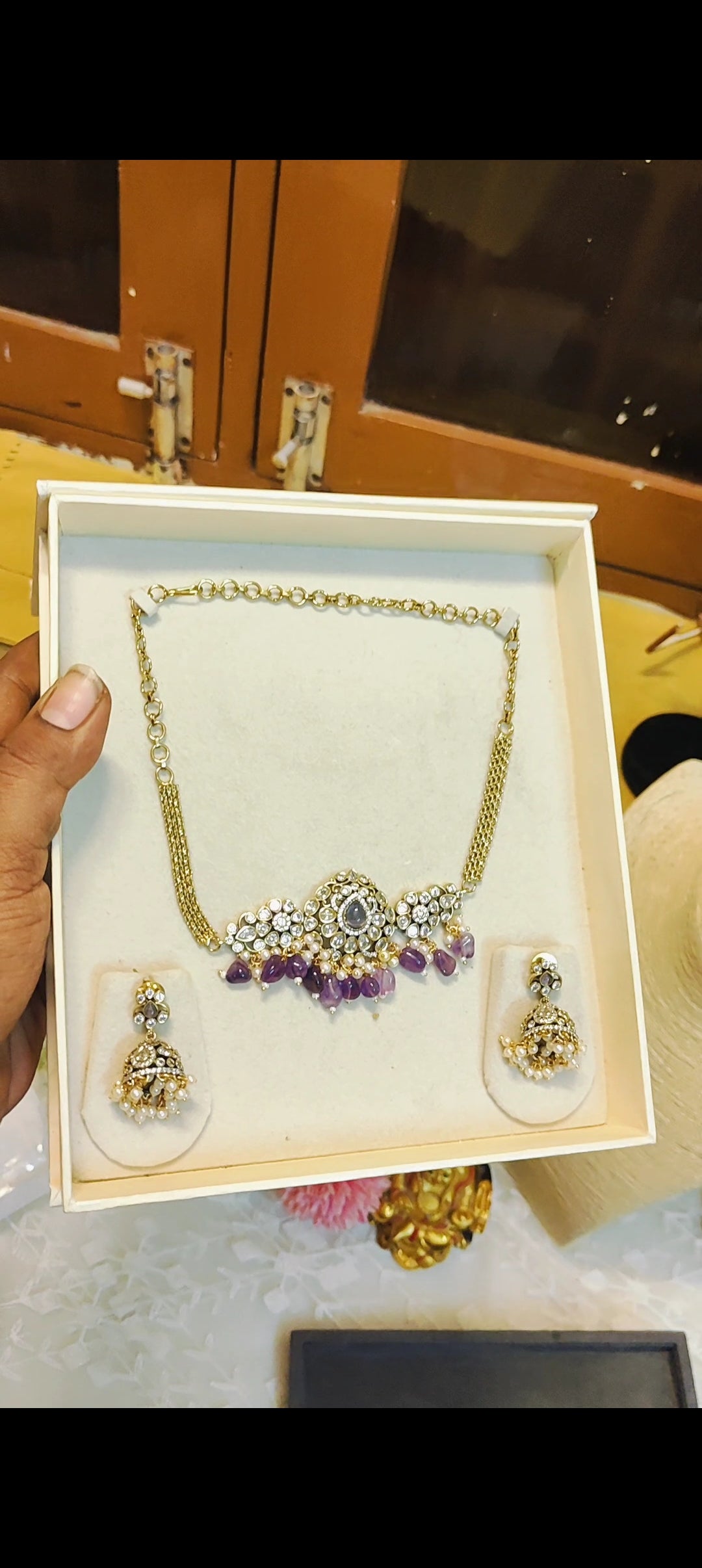 Victoria jadau finish choker set purple colour premium quality