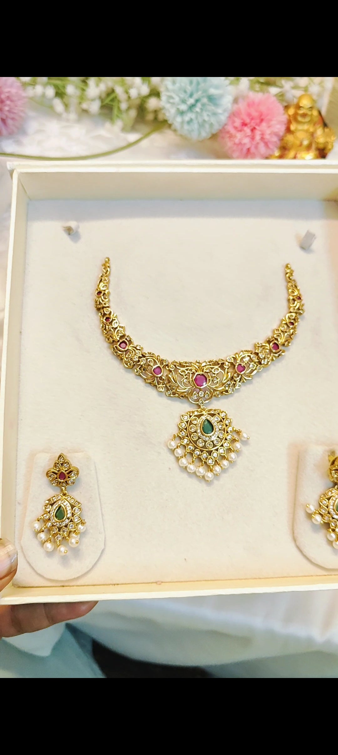 Cz stone gold plated jadau necklace set