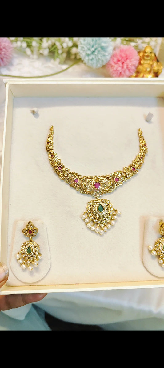 Cz stone gold plated jadau necklace set