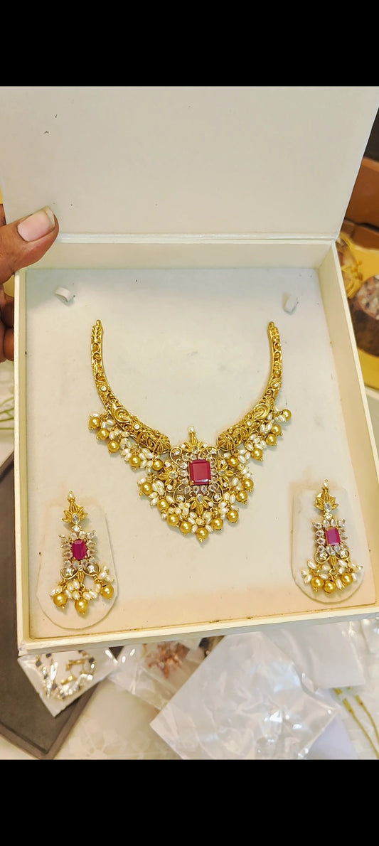 Gold nakshi ruby red Kanti necklace set