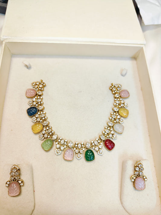 Moissanite jadau finish navaratna necklace set