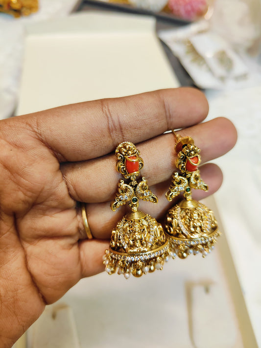 Gold antique nakshi finish jhumka