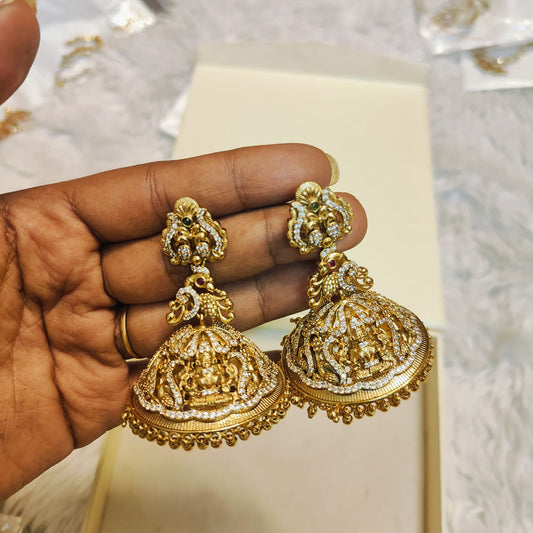 Gold nakshi finish jhumka with cz stone  Bridal jhumka