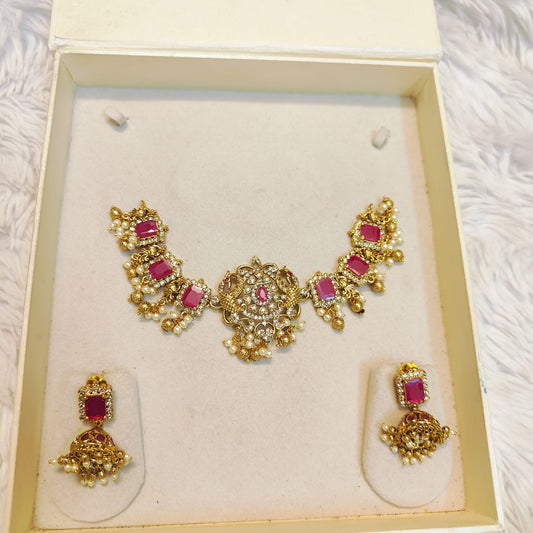 AD stone gold antique finish necklace set