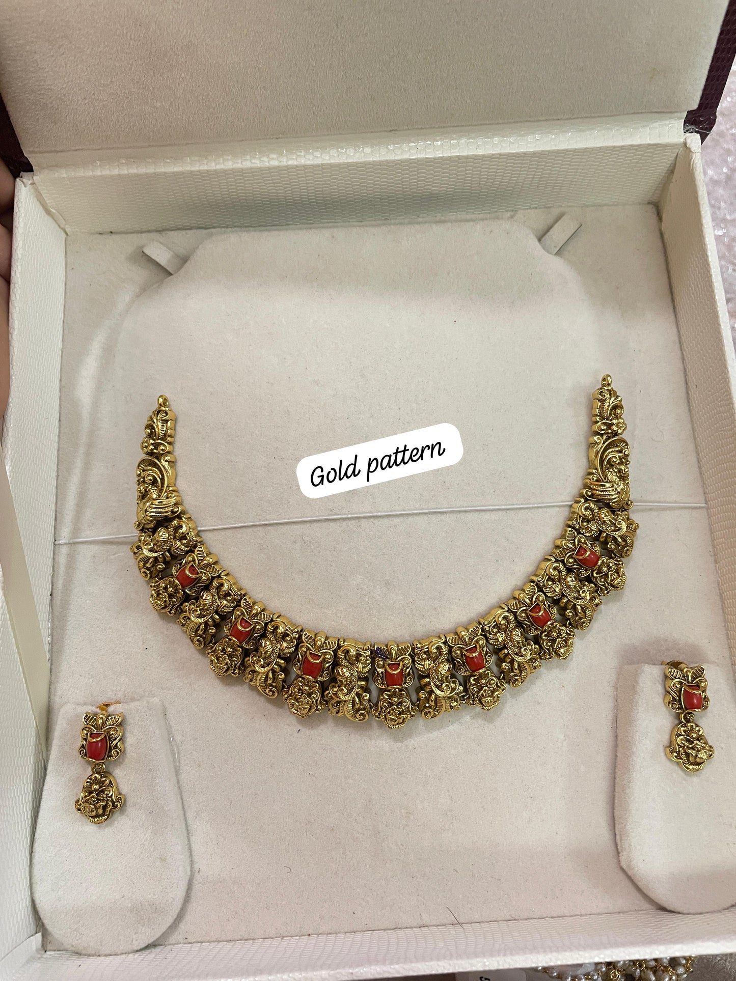 Gold antique nakshi finish coral necklace set