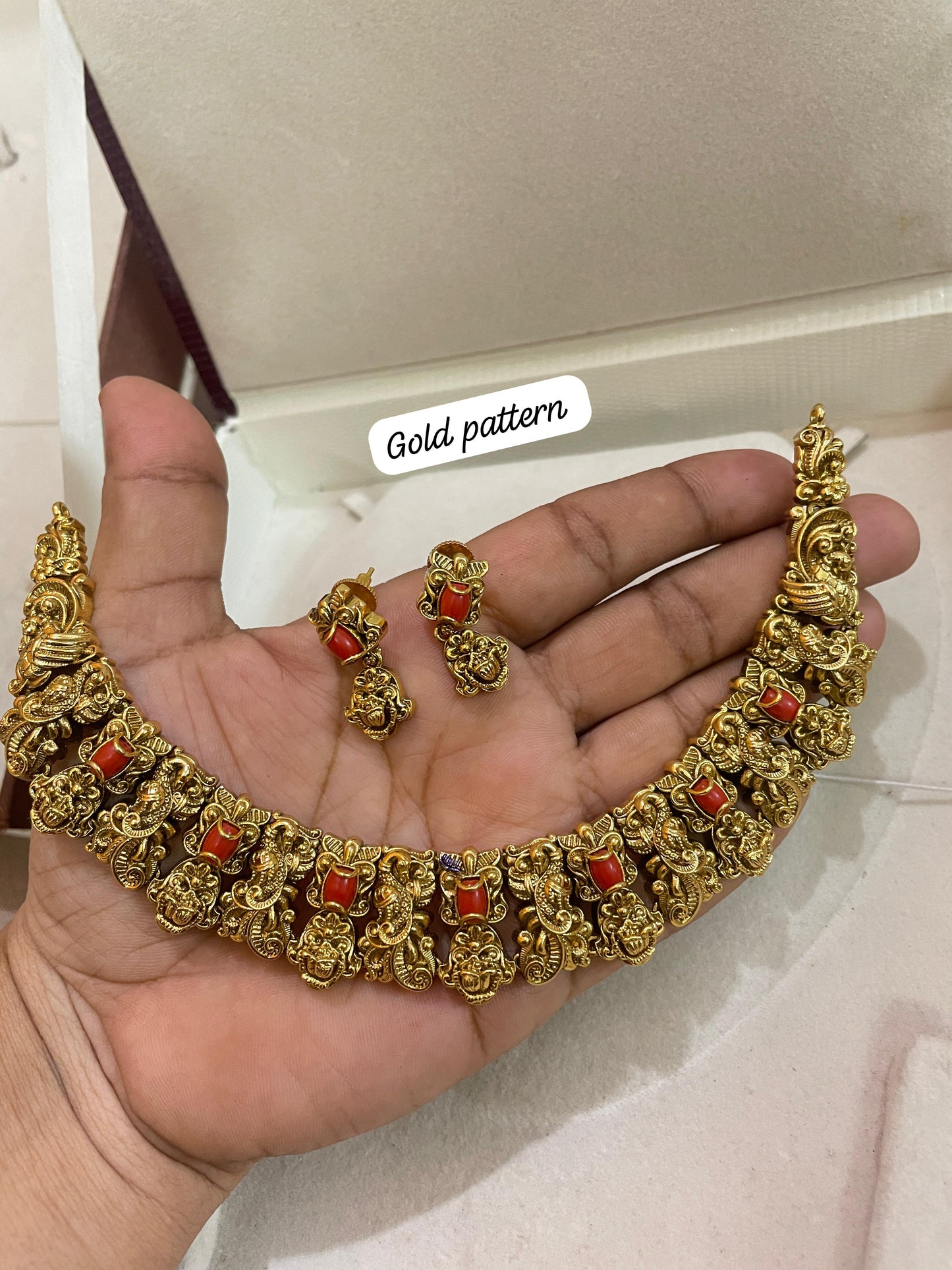 Gold antique nakshi finish coral necklace set