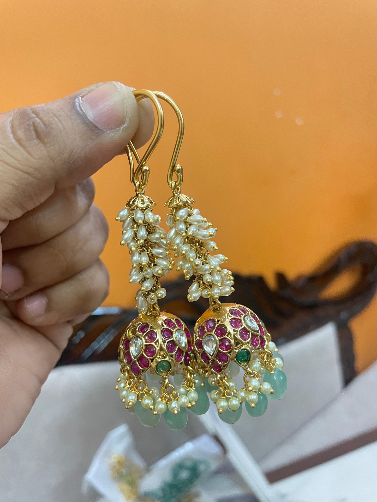 Real Kemp stones pearl hook jhumka