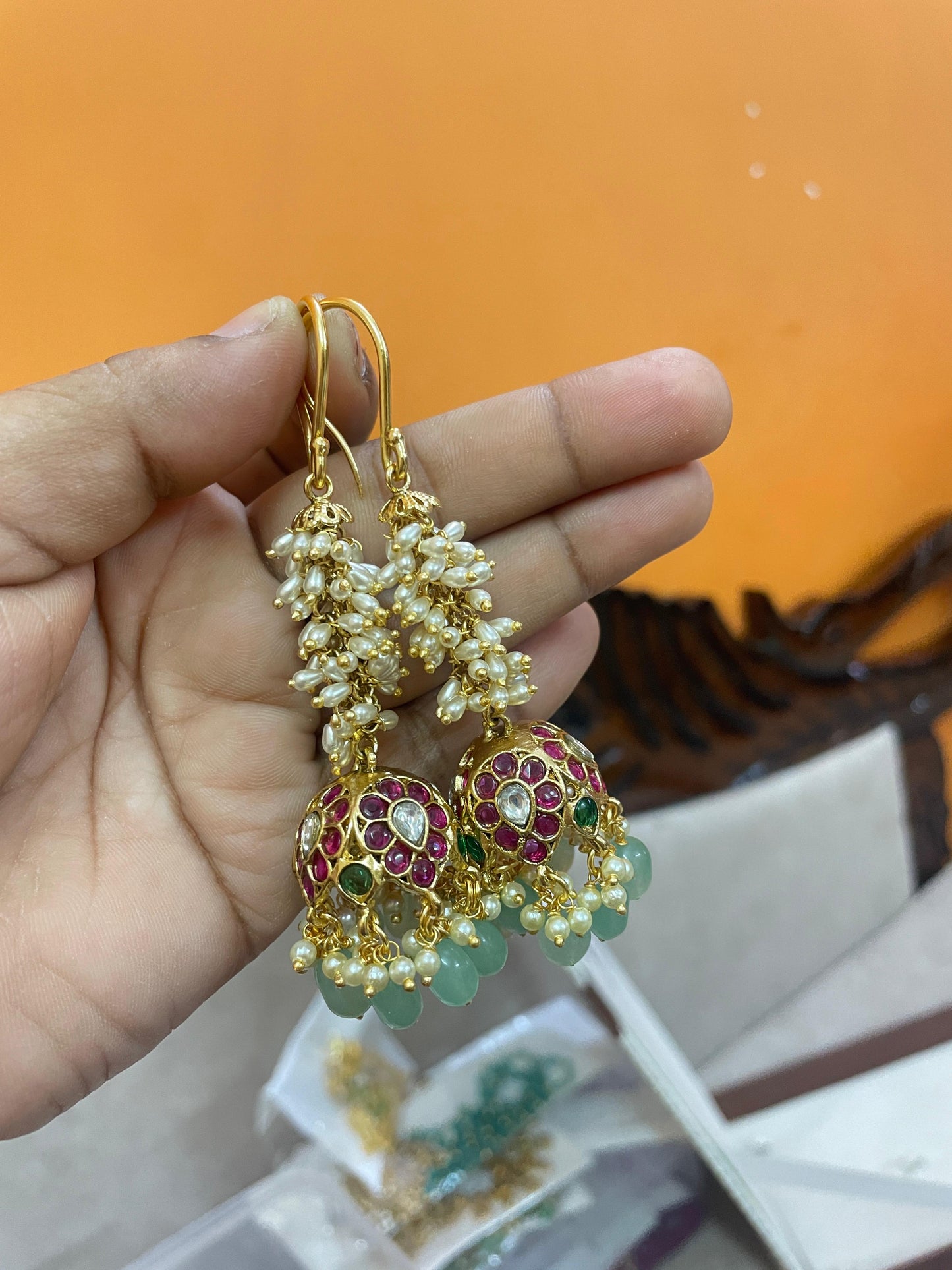 Real Kemp stones pearl hook jhumka