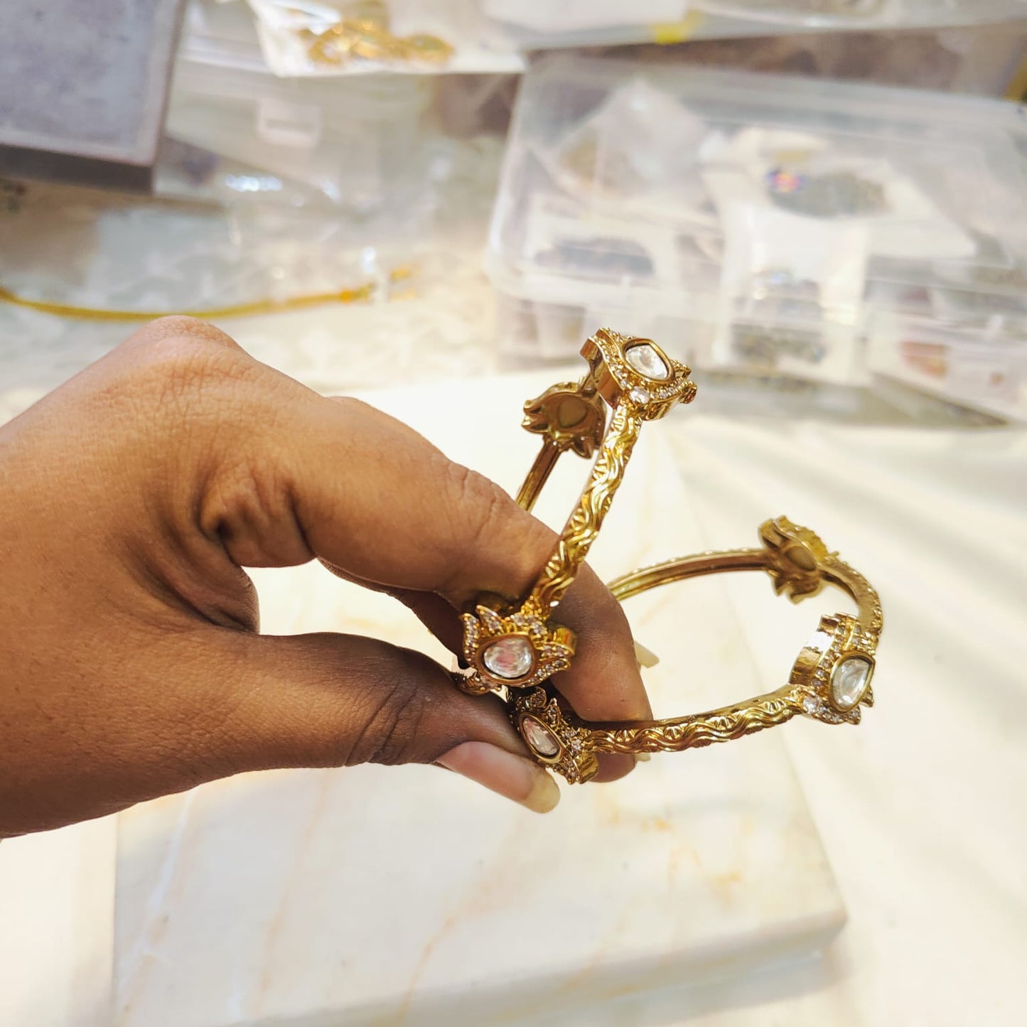 Gold antique kundan jadau bangles