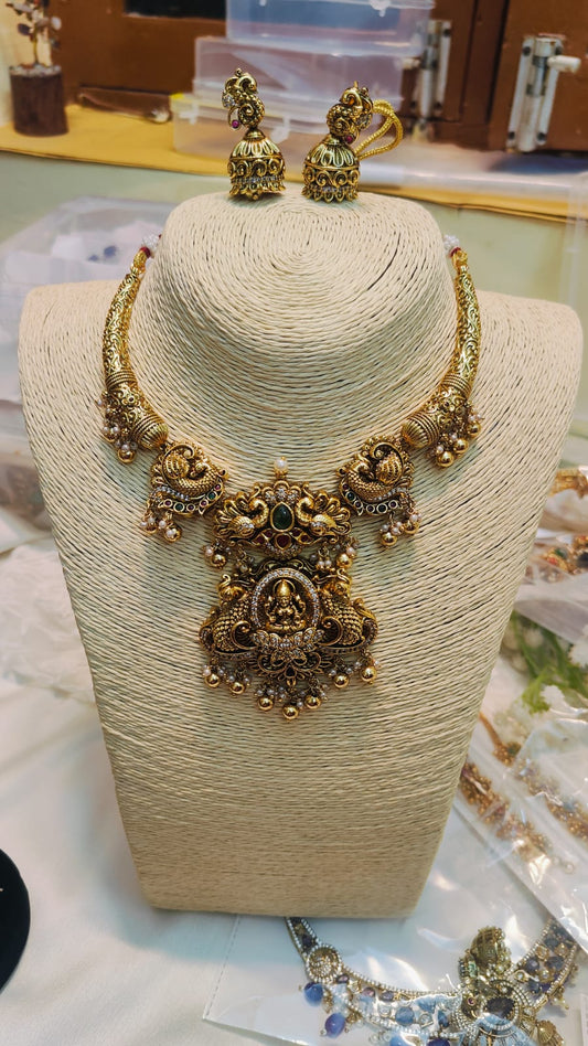 gold antique nakshi finish jadau necklace set