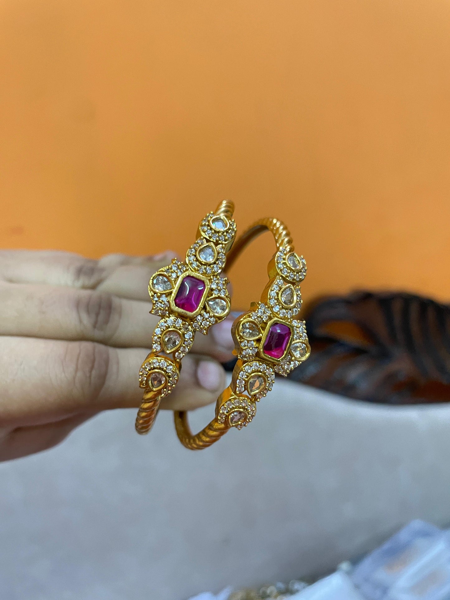 Cz stone. Jadau finish bangles