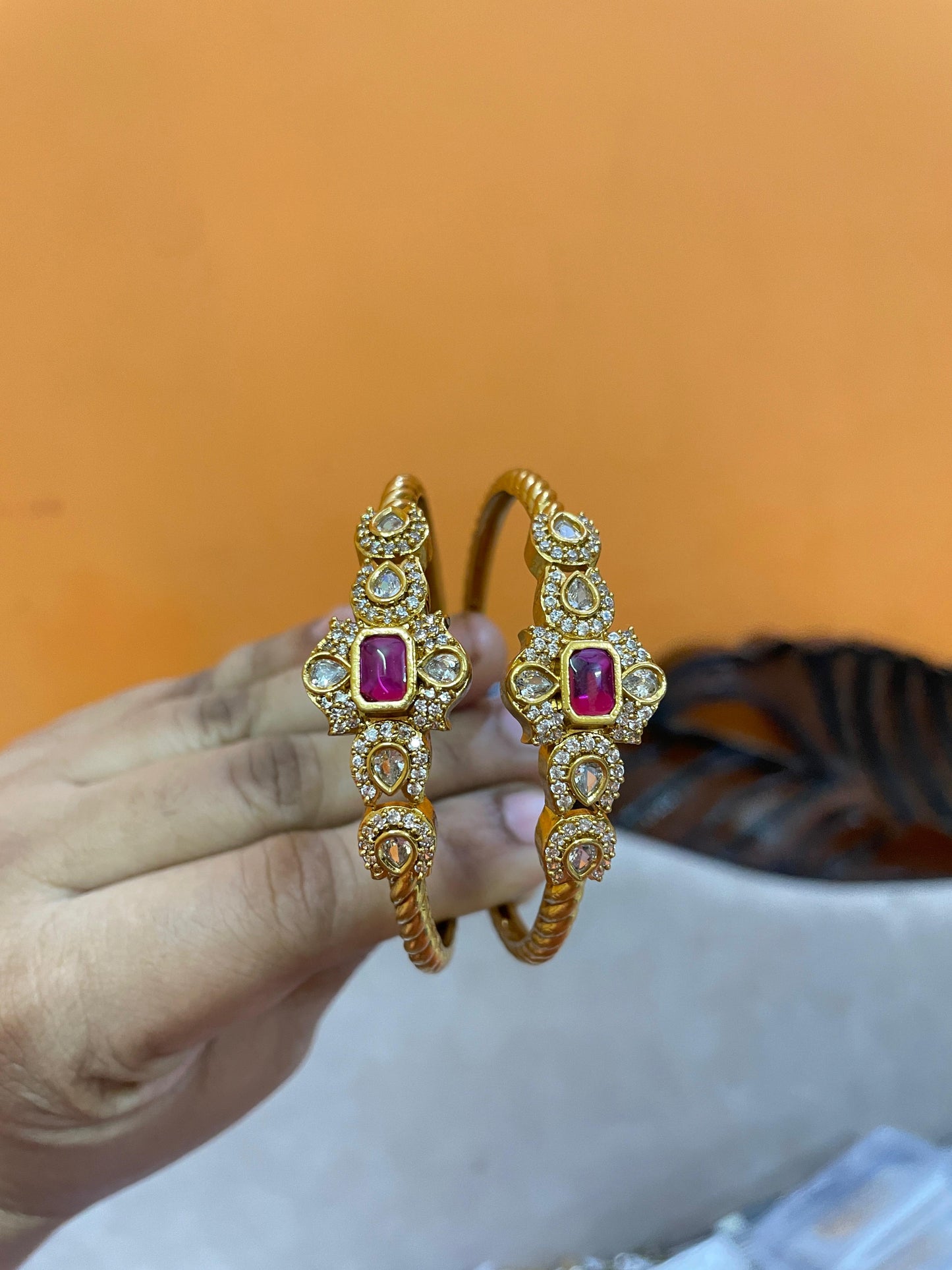 Cz stone. Jadau finish bangles