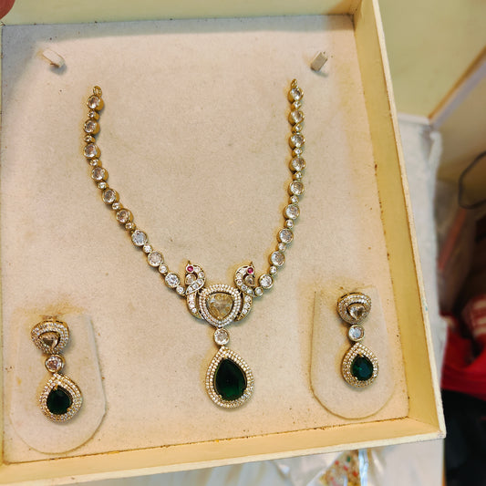 Elegant Moissanite necklace set with green drops and peacock design