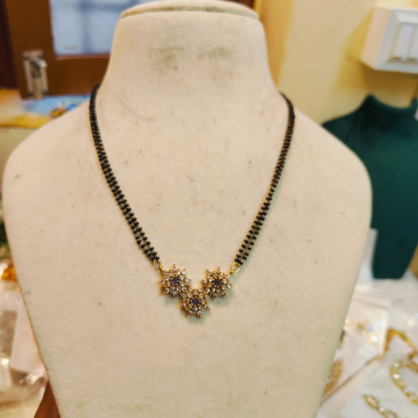 Floral cz stone black beads chain