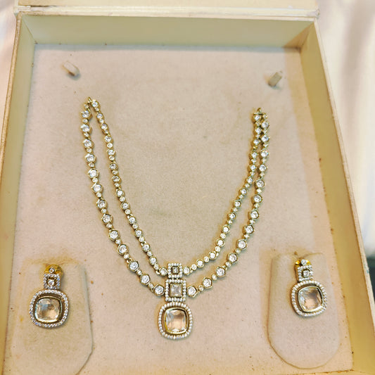 Moissanite double layer necklace set with cushion cut pendant