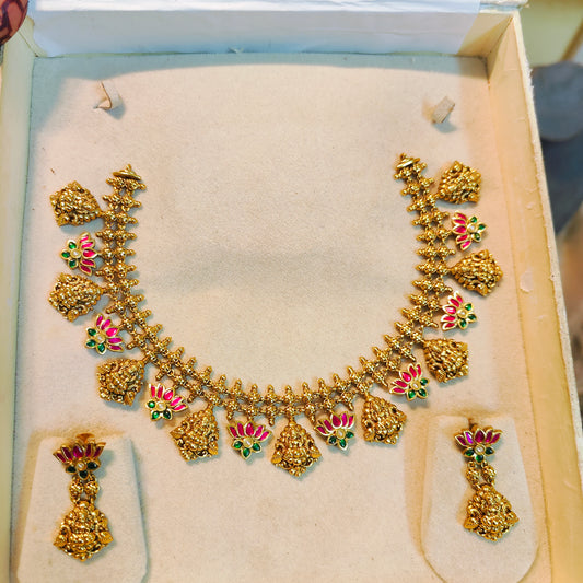 Royal Lotus Lakshmi antique finish brass made necklace set with bombay screw earrings