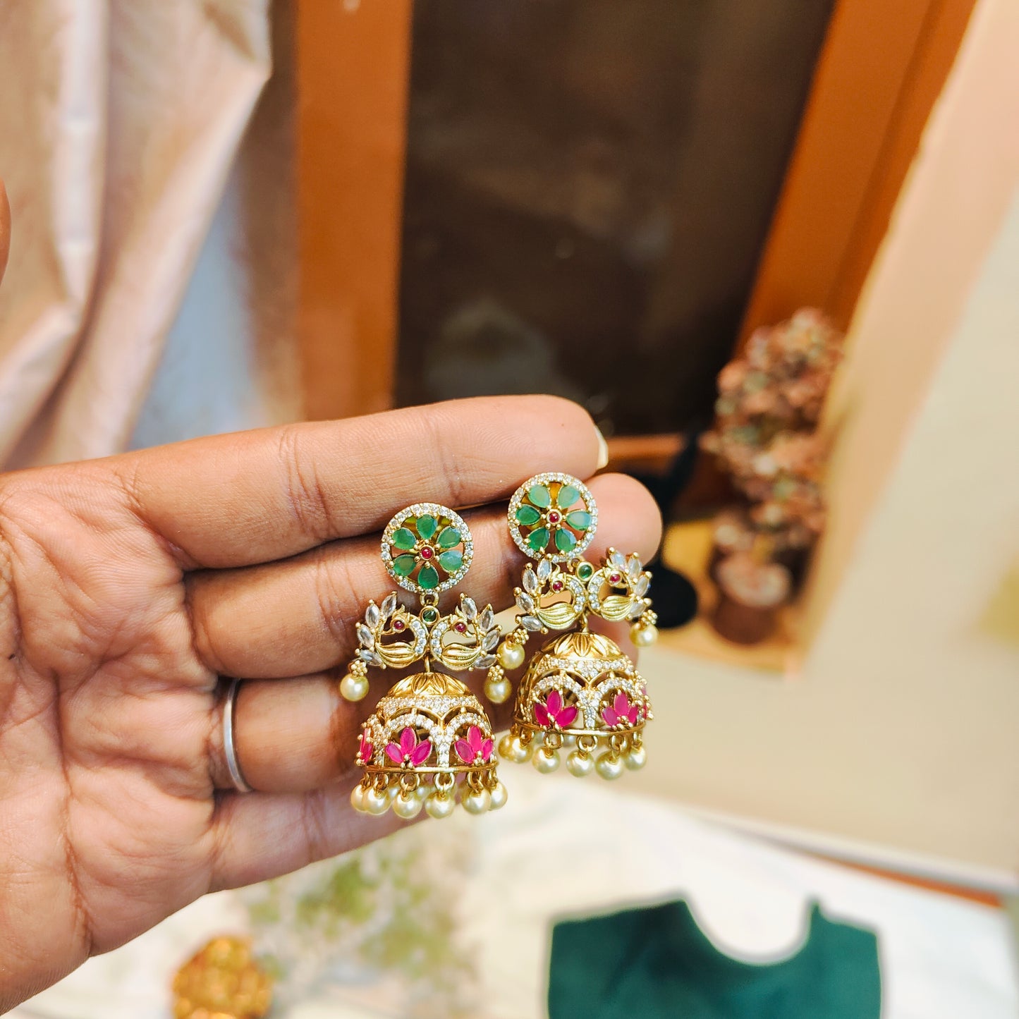 Antique cz stone peacock jhumka