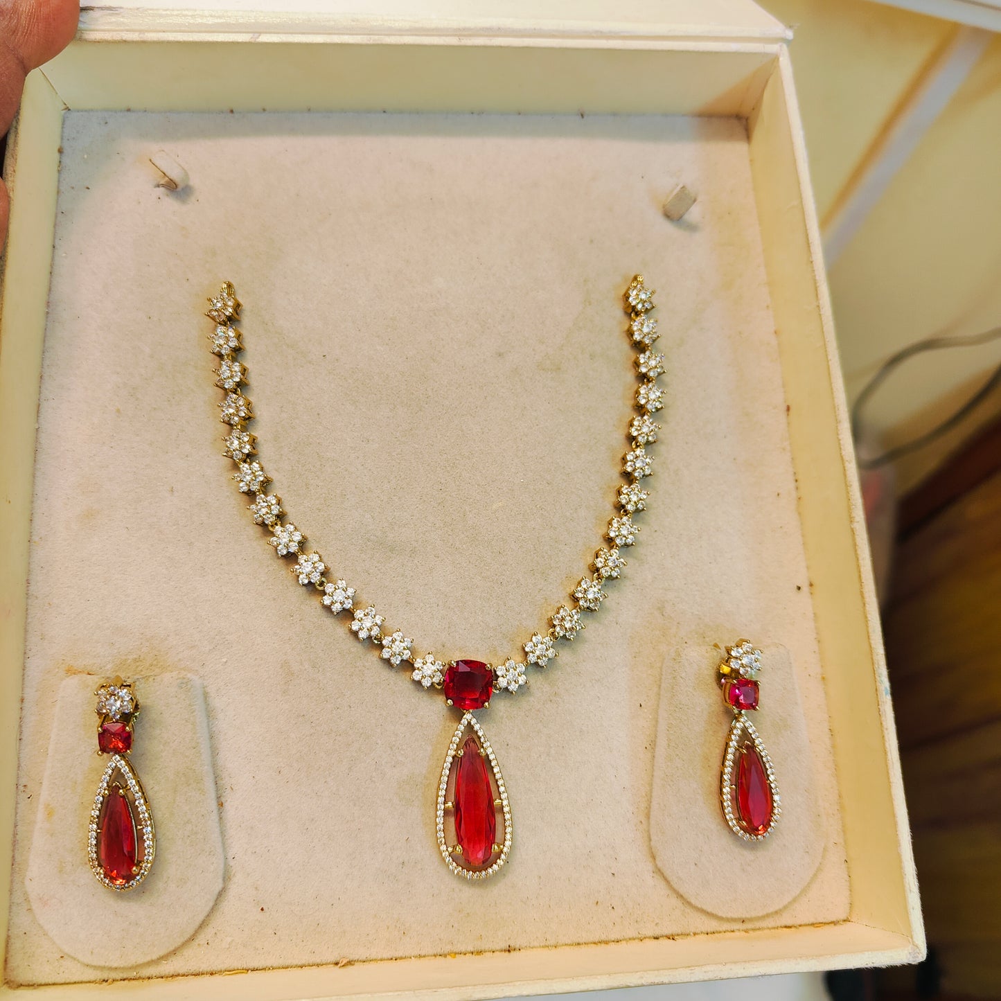 Ruby Red cz drop necklace set