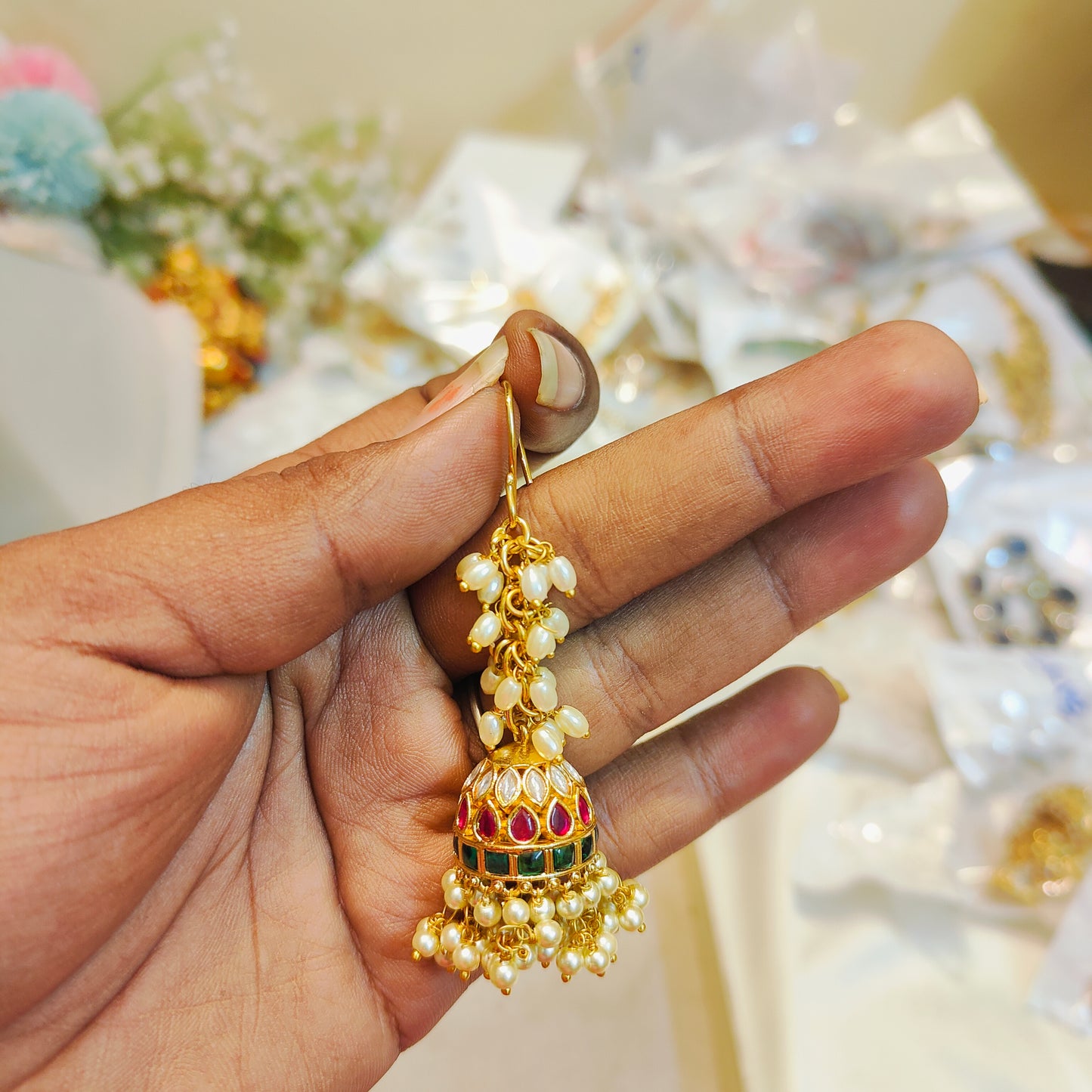 Traditional pearl hook jhumka