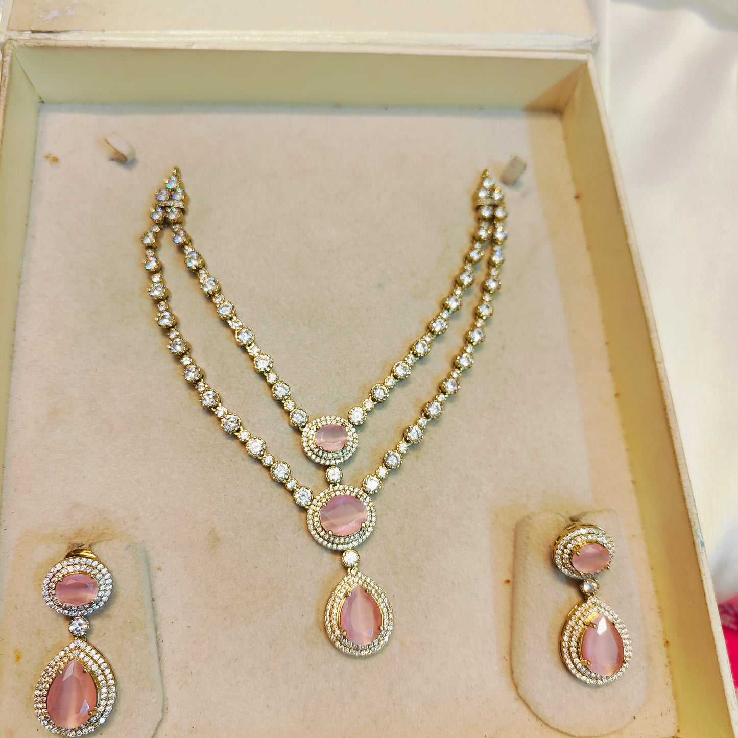 Elegant double layer pink Moissanite necklace set