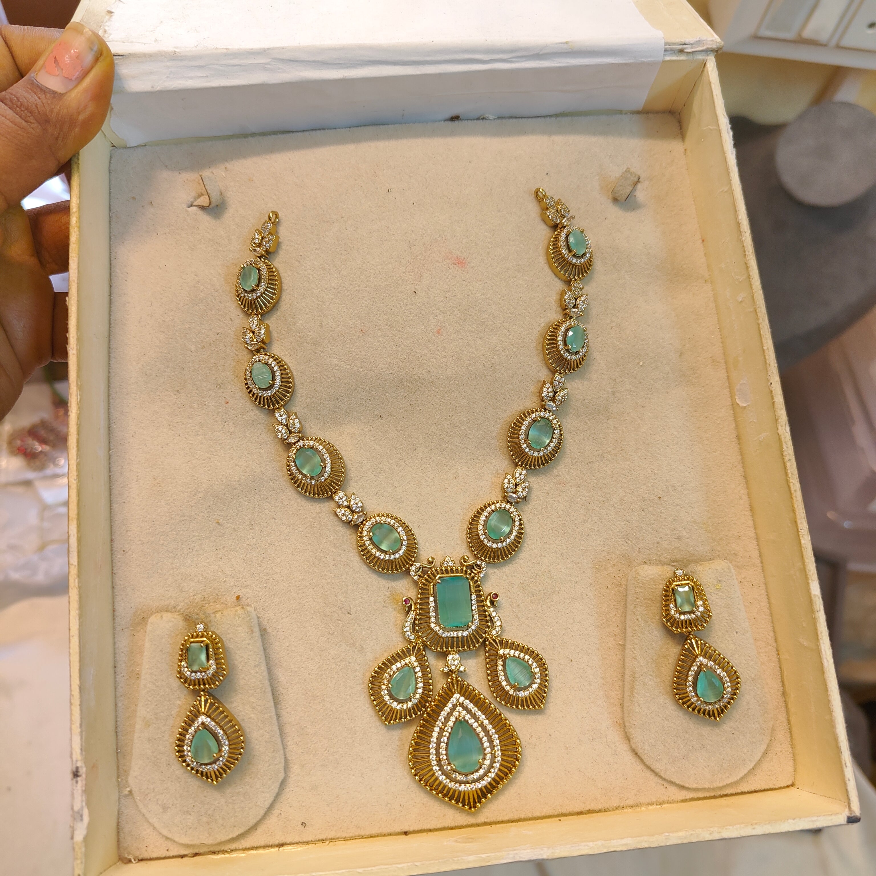 Mint green gold antique finish Designer necklace set