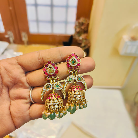Peacock inspired Kemp jhumka with bead drops