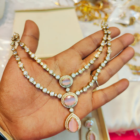 Elegant double layer pink Moissanite necklace set