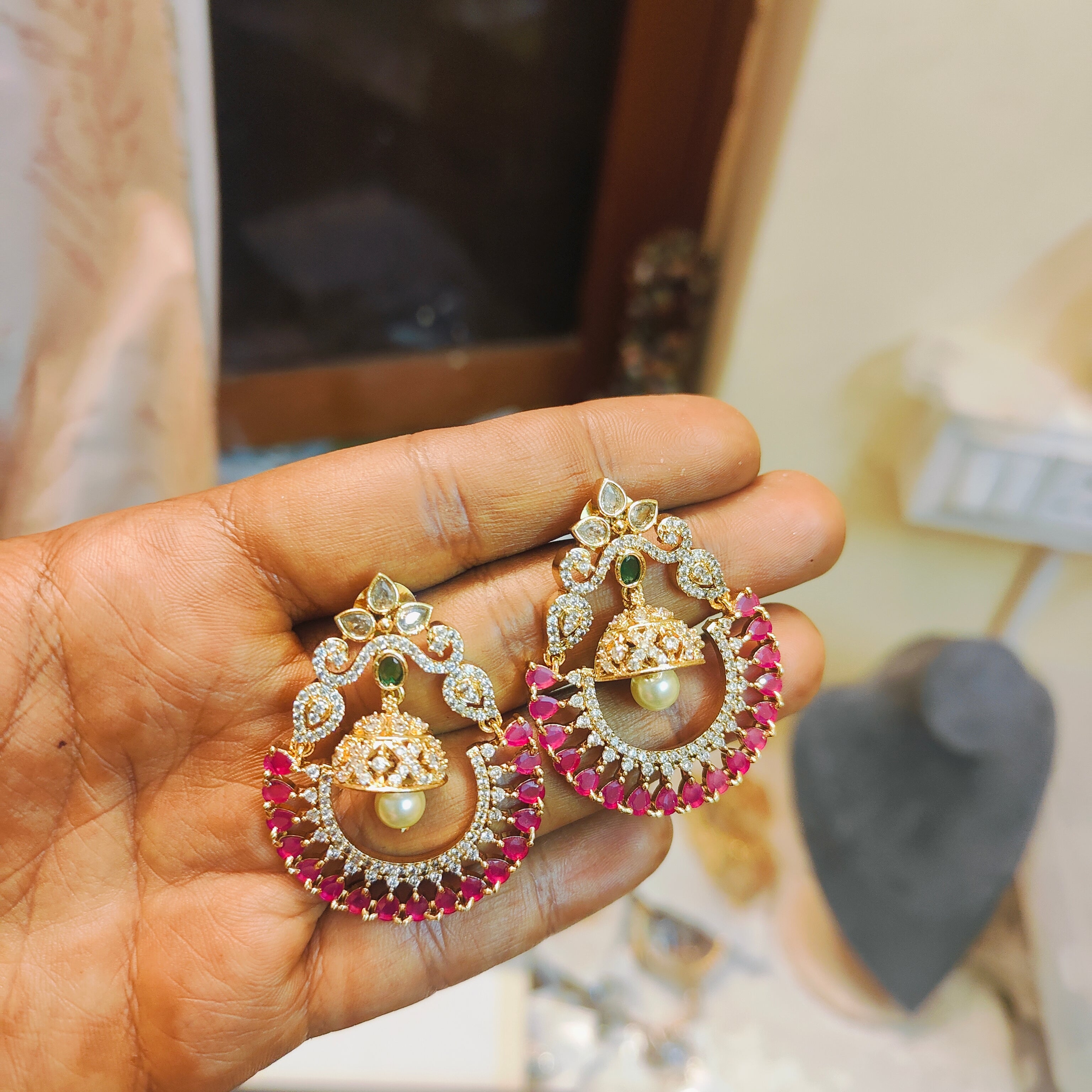 CZ Ruby Pearl Chandbali earrings