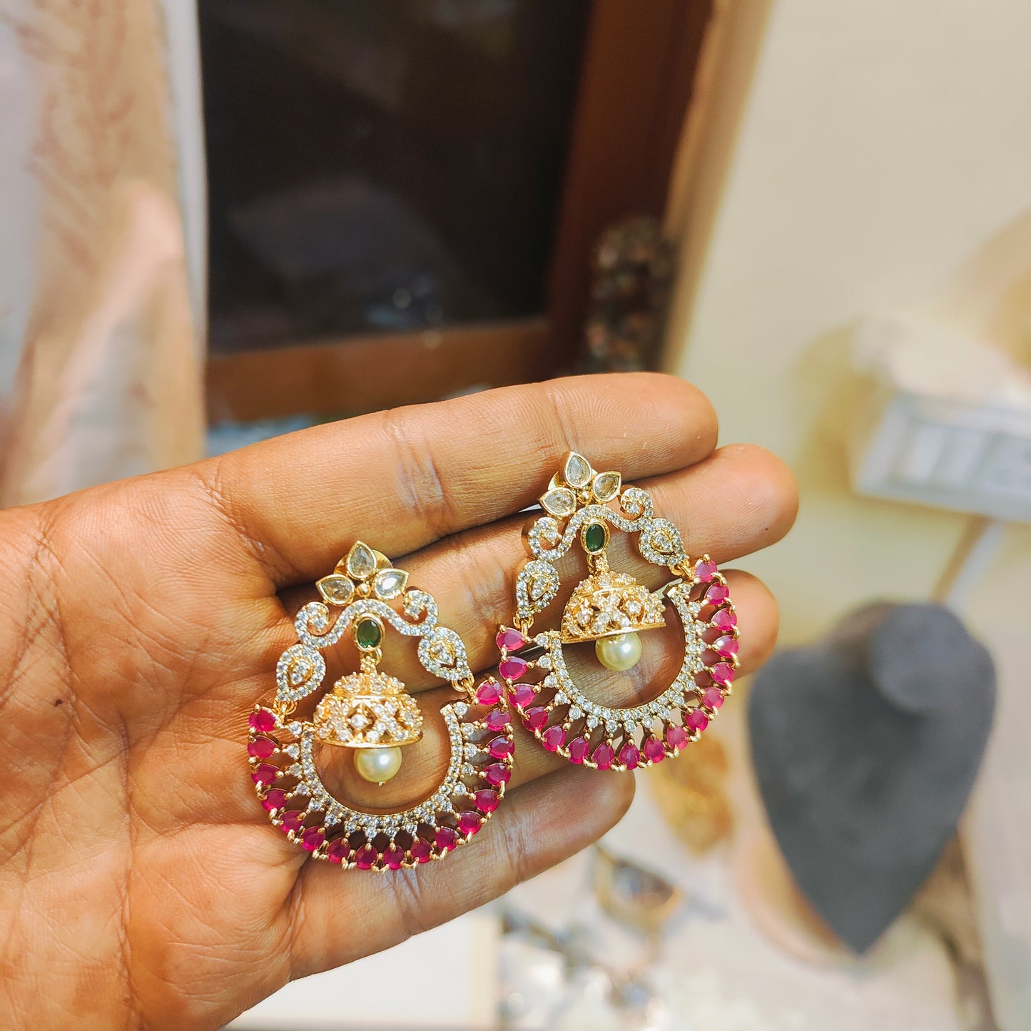 CZ Ruby Pearl Chandbali earrings