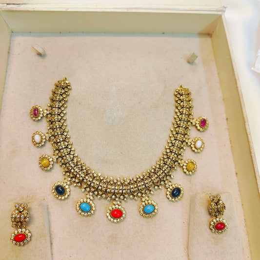 Multicolour cz stone gold plated necklace set