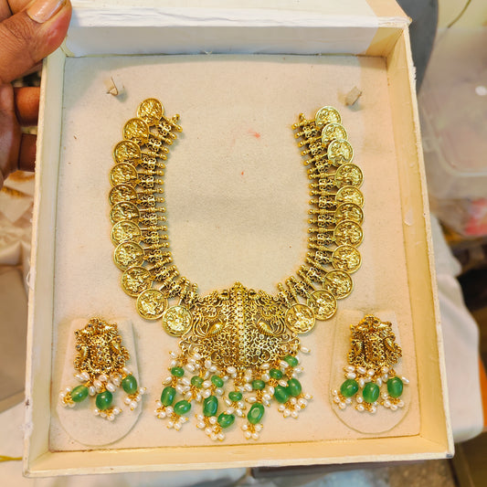 Gold inspired Gold antique finish Lakshmi coin Necklace set