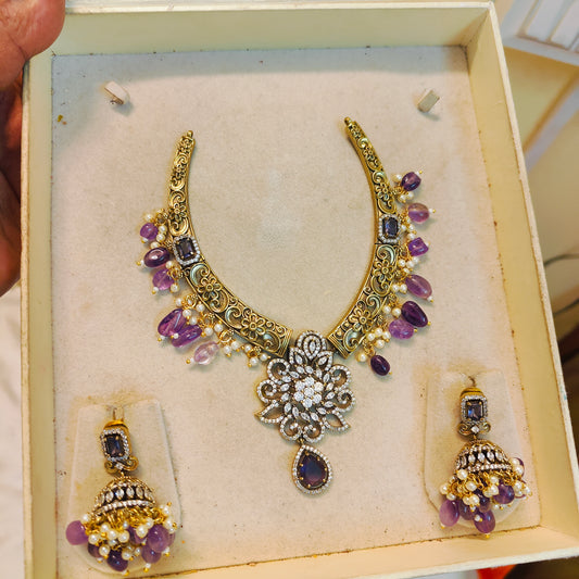 Antique floral kanti set with purple beads