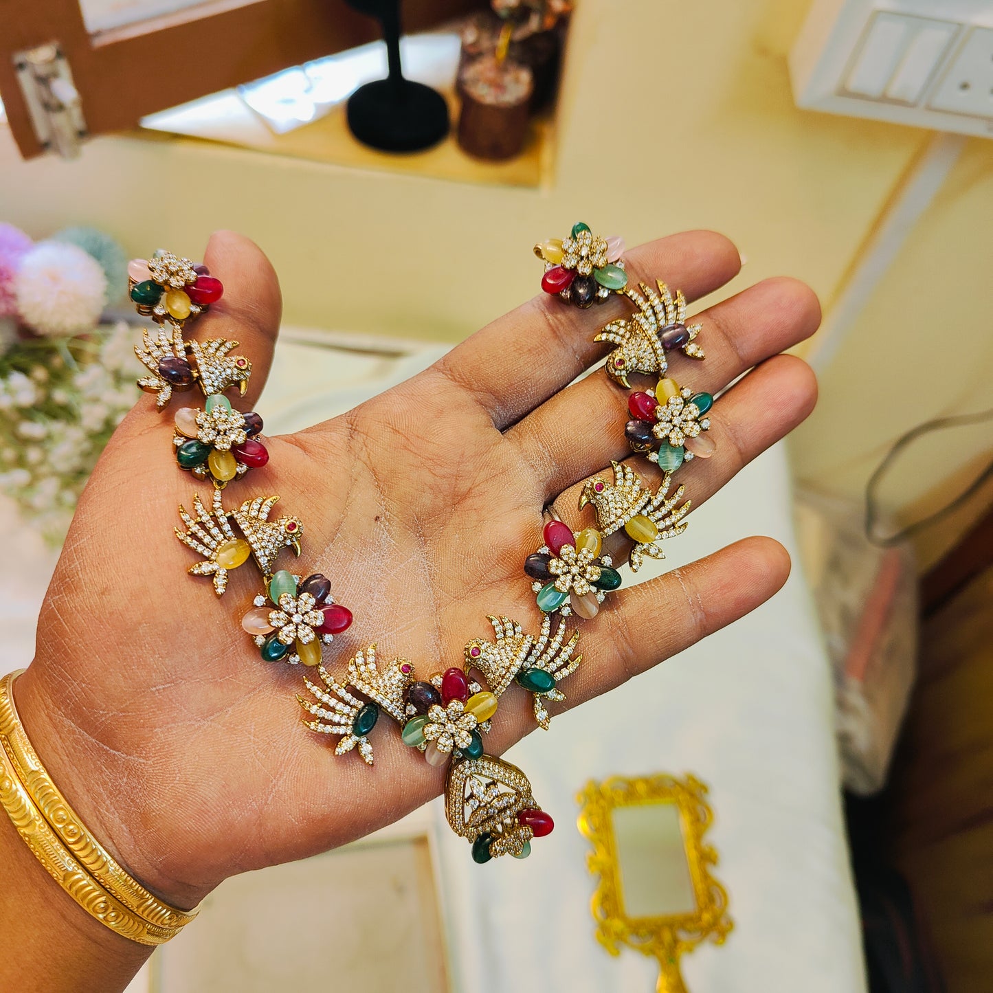 Stunning multi colour parrot jadau necklace set