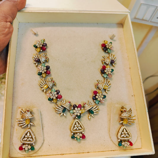 Stunning multi colour parrot jadau necklace set