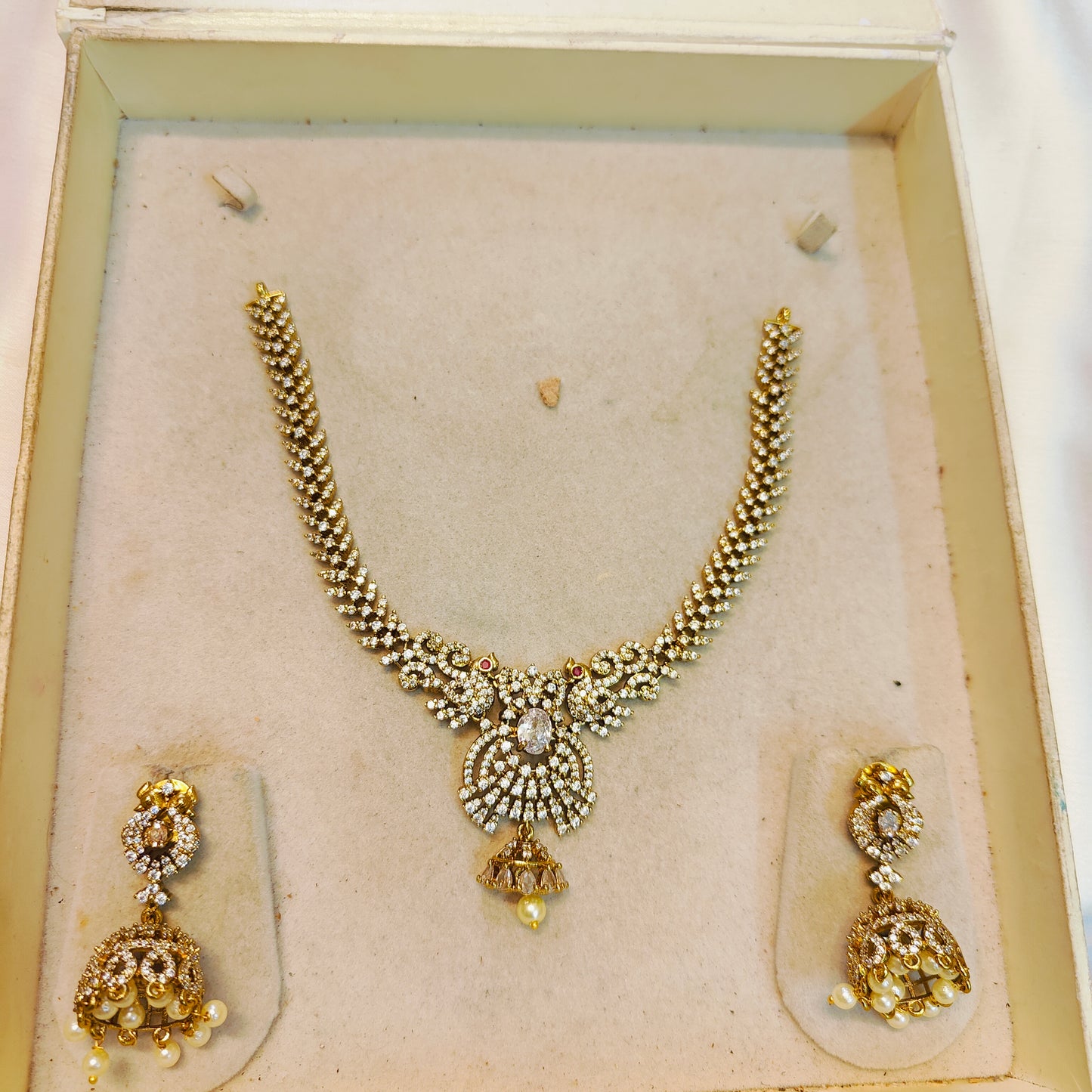 Sparking cz stone necklace set with pearl jhumka