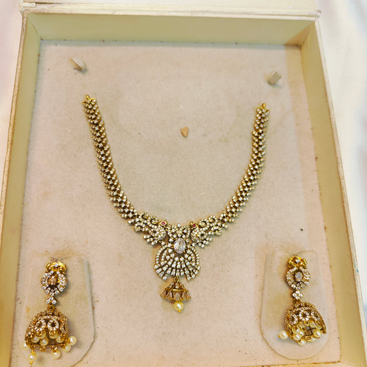 Sparking cz stone necklace set with pearl jhumka