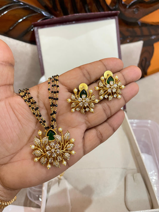 Floral cz black beads chain 16 inches in 2 colours