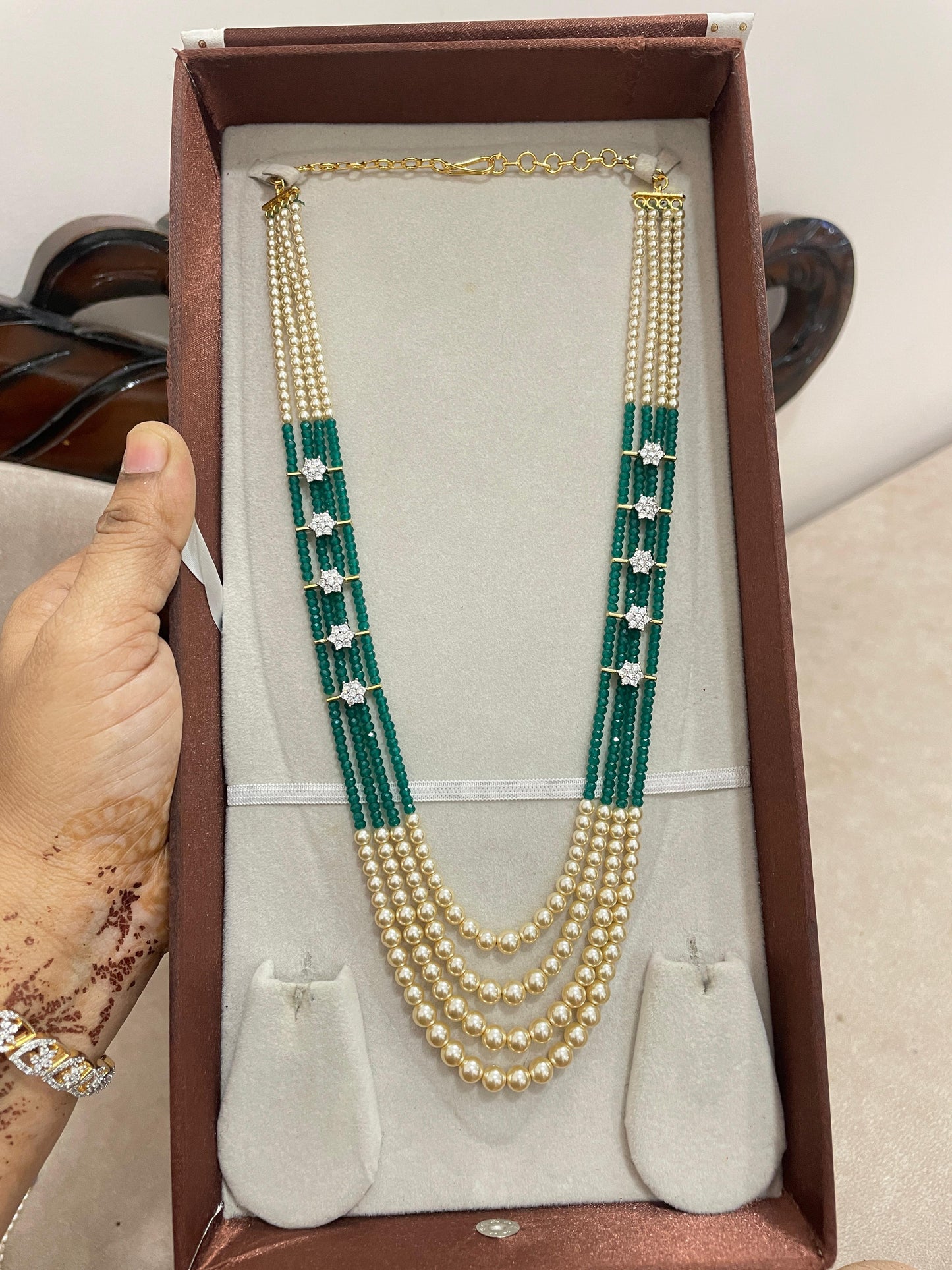Classic Pearl Emerald onyx beads haram with Cz accents