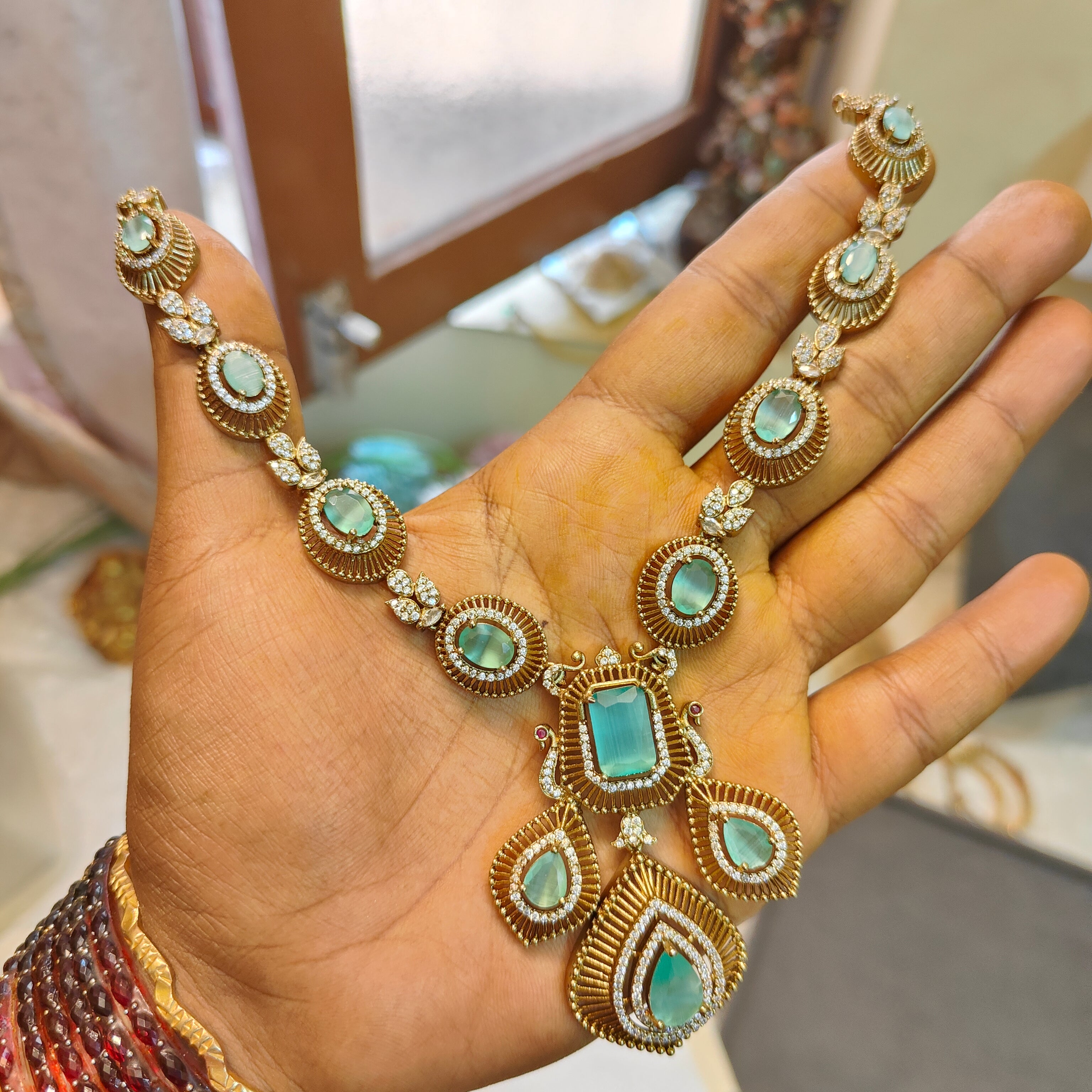 Mint green gold antique finish Designer necklace set